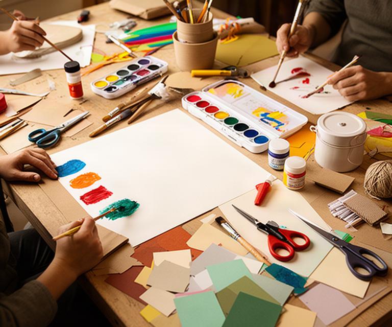 紙や絵の具、はさみを広げた地域の創作活動をイメージした作業机