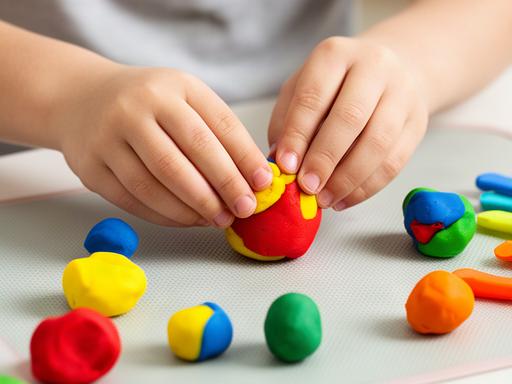 子どもの手が色のついた粘土を丸め、工作マットの上で形を作っている様子