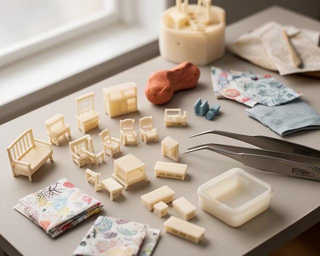 ドールハウスの制作机に並ぶ小さな木材、樹脂パーツ、粘土、布とピンセット