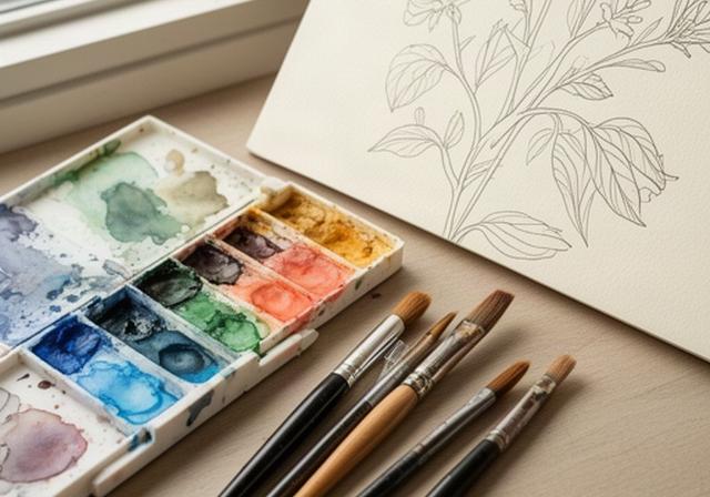 水彩絵の具のパレットと筆、スケッチブックに描かれた植物の線画