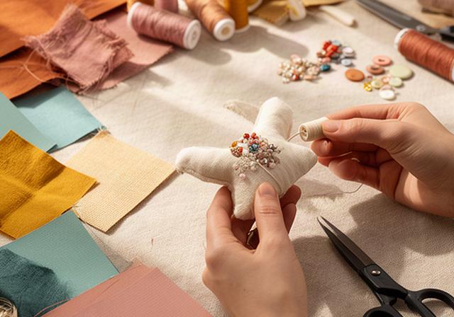 布、色紙、糸、はさみを使って小物を作るクラフト作業台