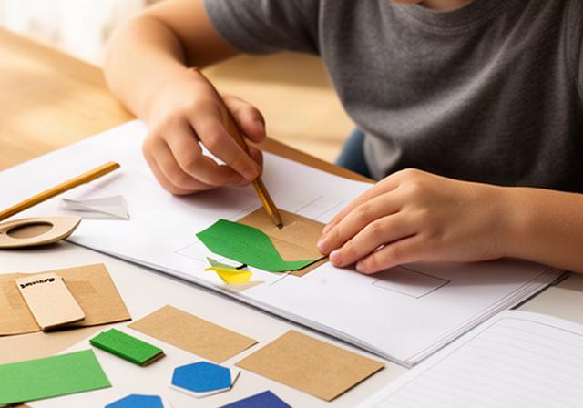 小学生が紙と身近な材料で観察工作を進め、記録ノートに気づきを書く様子