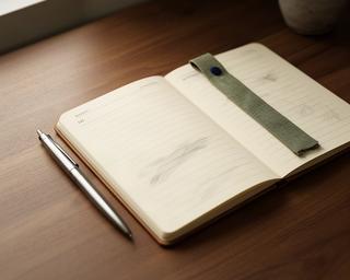 横罫ノートのページに読書の感想を書き、しおりを添えた静かな読書机