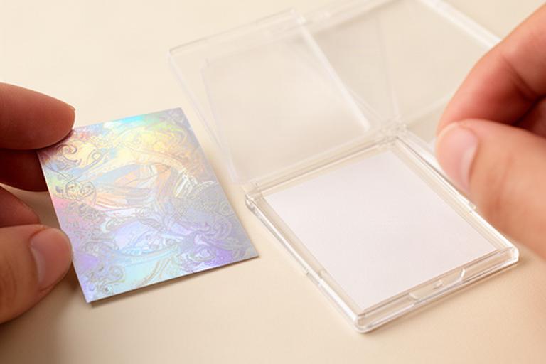 光の角度で控えめに反射するホログラム素材を透明なカードケースの台紙に合わせた場面