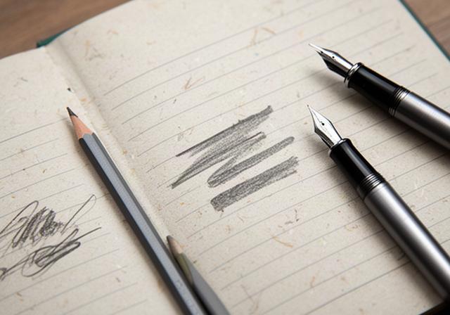 再生紙ノートのページに鉛筆と万年筆で書き比べ、紙の繊維と罫線を見せた机上の写真