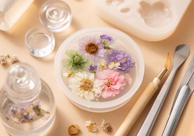 小さなモールド、UVレジン液、花の封入素材をまとめた初心者向け材料