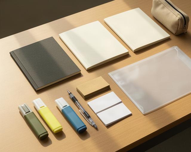 高校生の机に教科ノート3冊、ペンケース、蛍光ペン、暗記カードとファイルを広げた新学期の準備風景